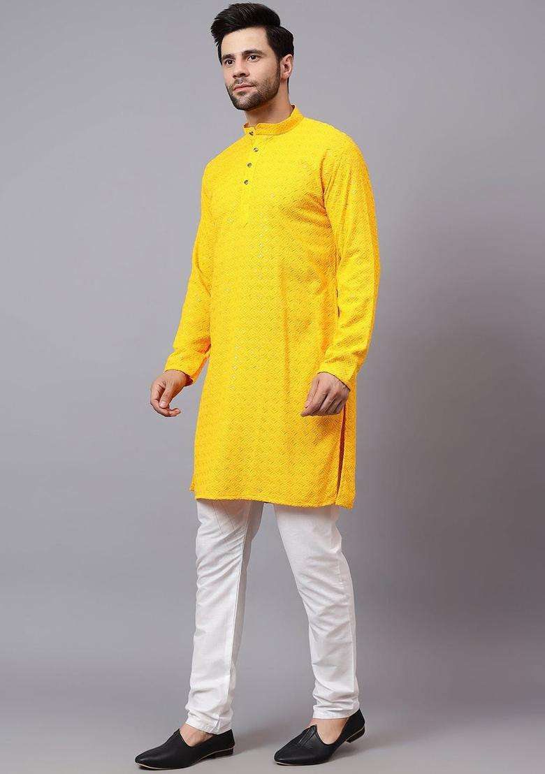 Yellow Embroidered Viscose Kurta Set For Men - Indya