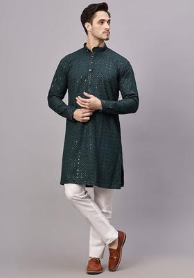 Green Embroidered Viscose Kurta Set For Men