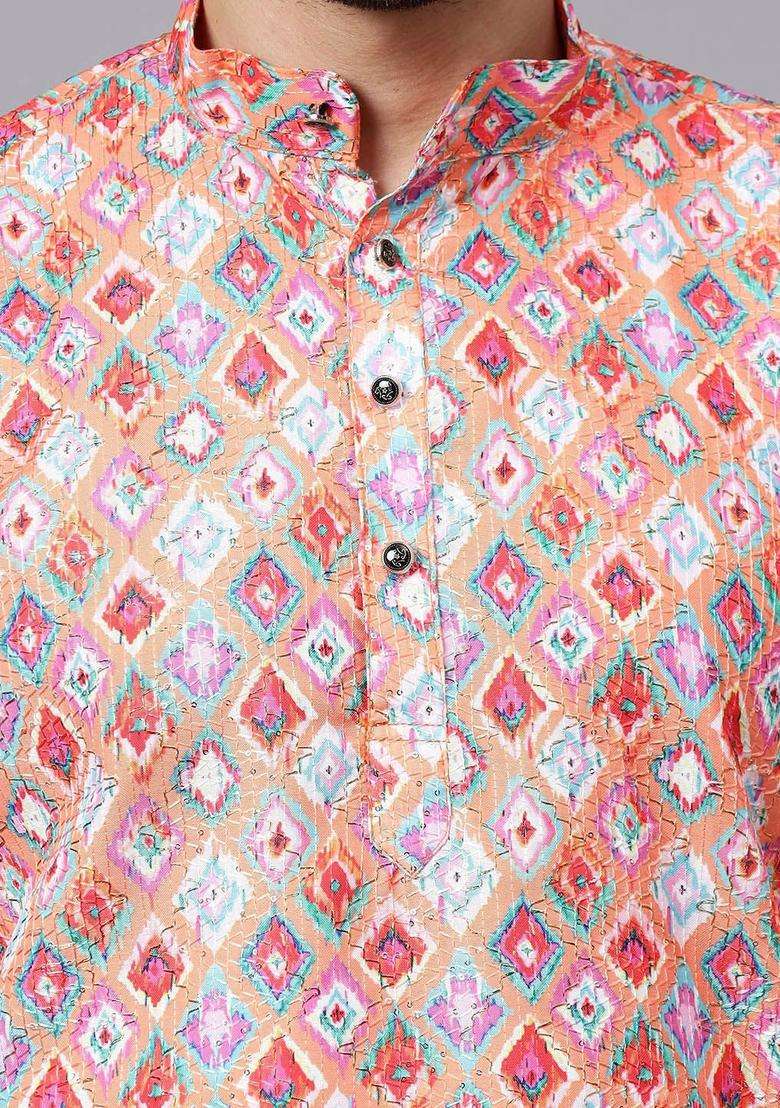 Coral Self Design Cotton Kurta Set For Men - Indya