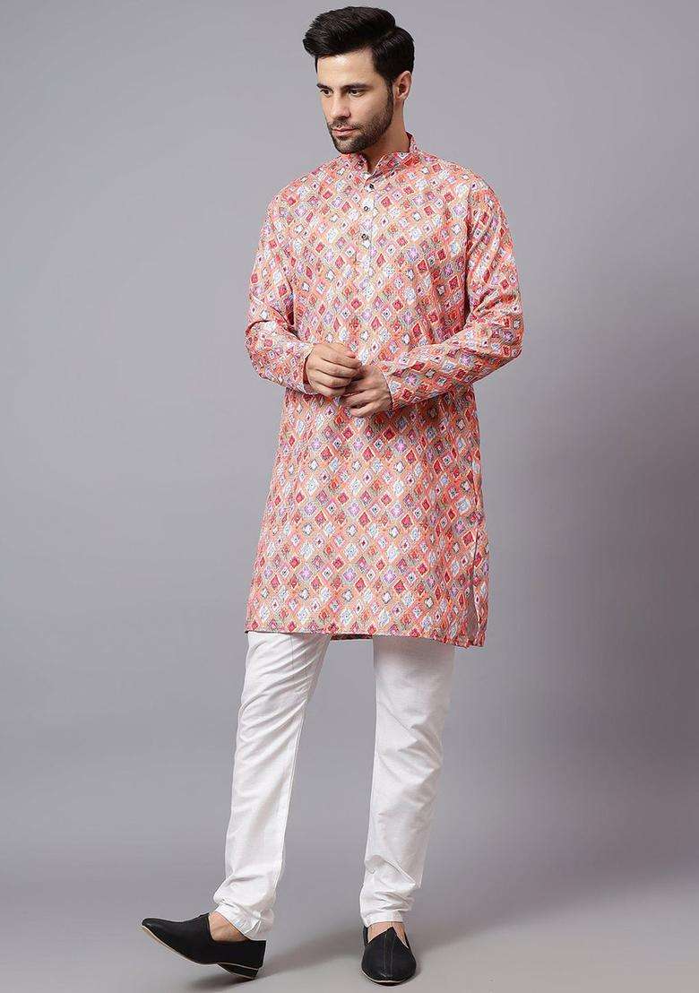Coral Self Design Cotton Kurta Set For Men - Indya