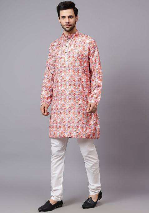 Coral Self Design Cotton Kurta Set For Men
