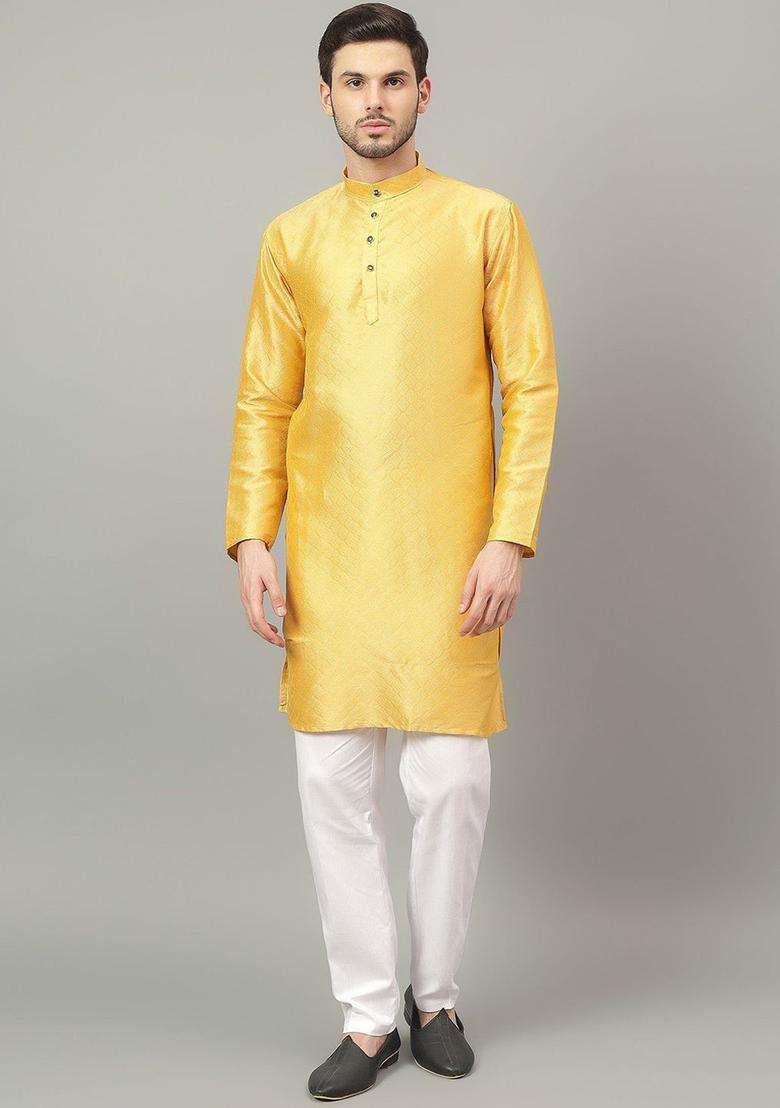 Gold Self Design Cotton Kurta Set For Men - Indya