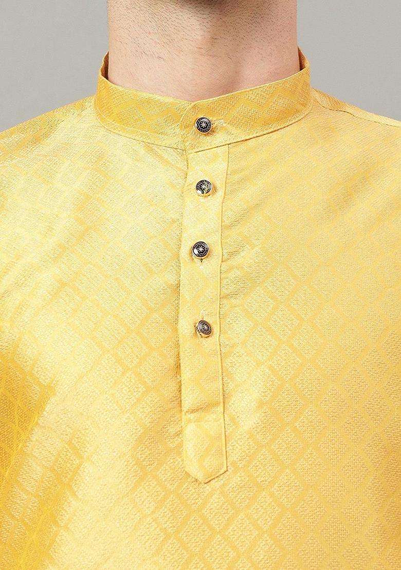 Gold Self Design Cotton Kurta Set For Men - Indya