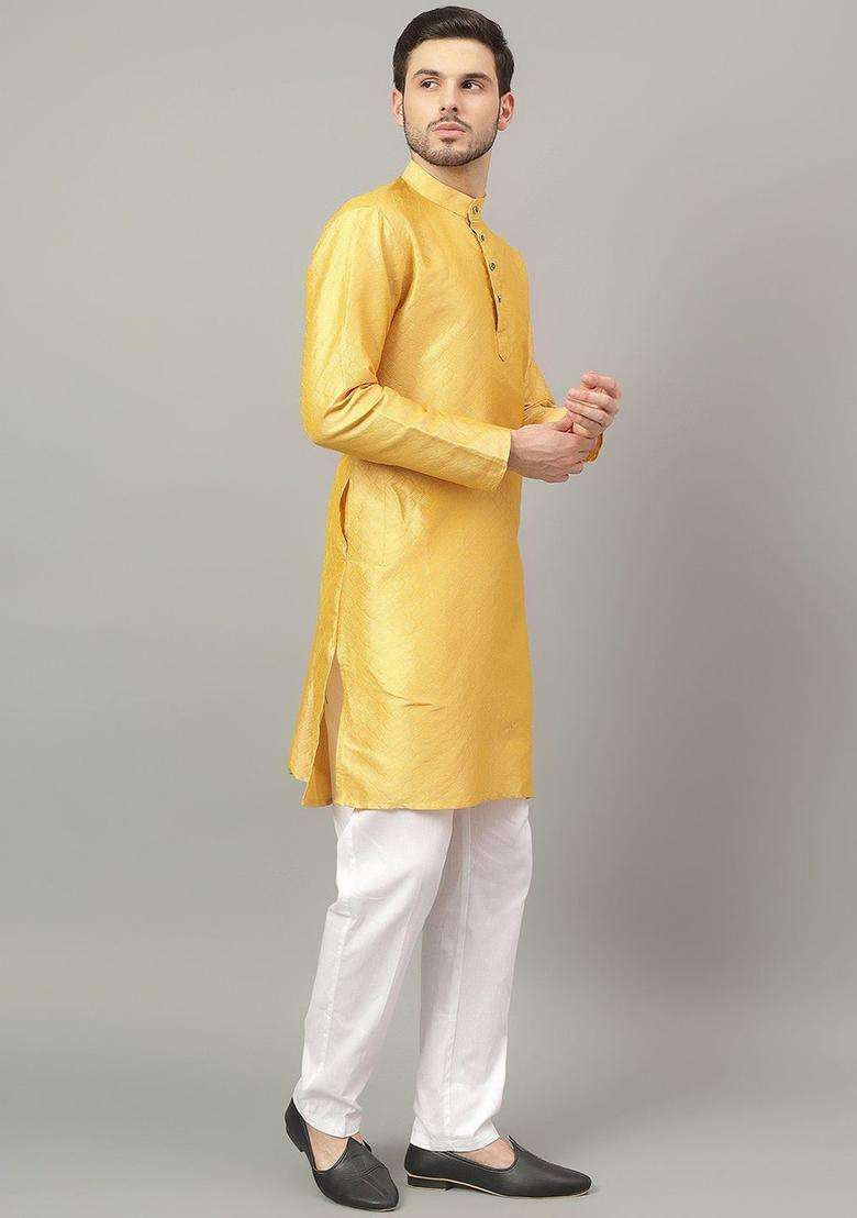 Gold Self Design Cotton Kurta Set For Men - Indya