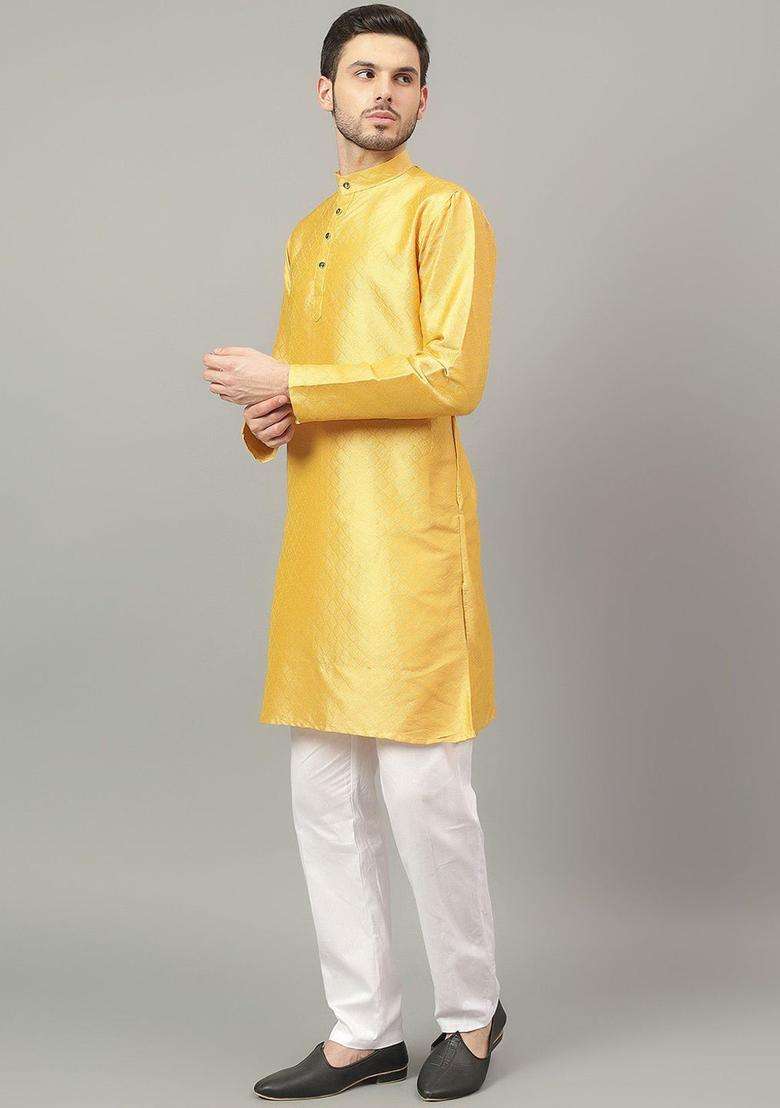 Gold Self Design Cotton Kurta Set For Men - Indya