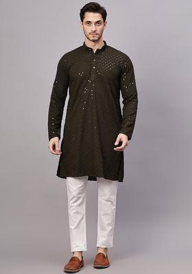 Green Embroidered Viscose Kurta Set For Men