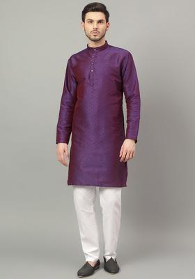 Purple Self Design Cotton Kurta Set For Men
