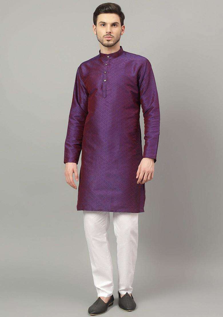 Purple Self Design Cotton Kurta Set For Men - Indya