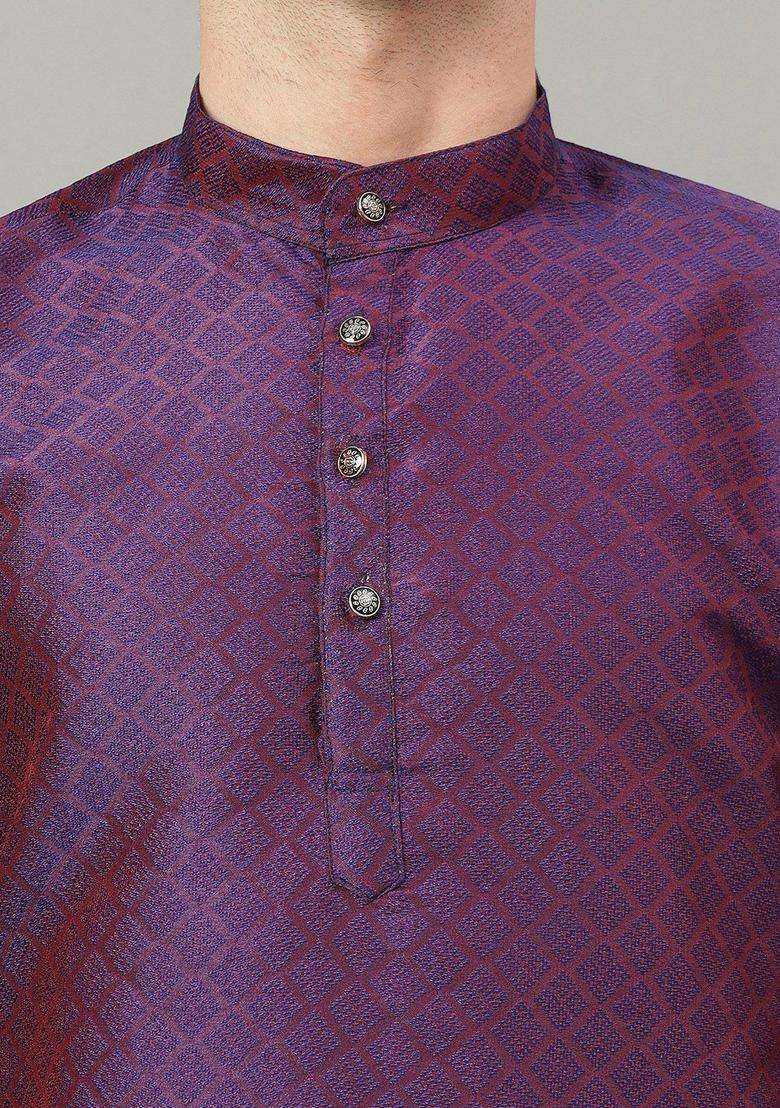 Purple Self Design Cotton Kurta Set For Men - Indya