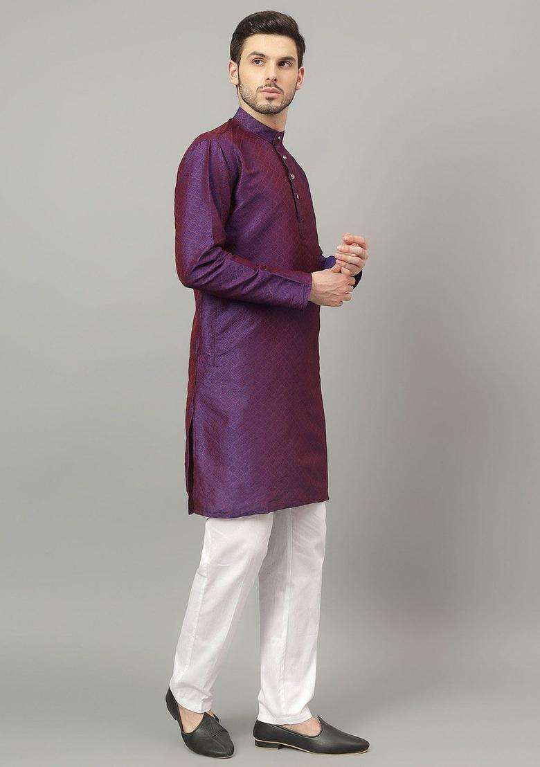 Purple Self Design Cotton Kurta Set For Men - Indya