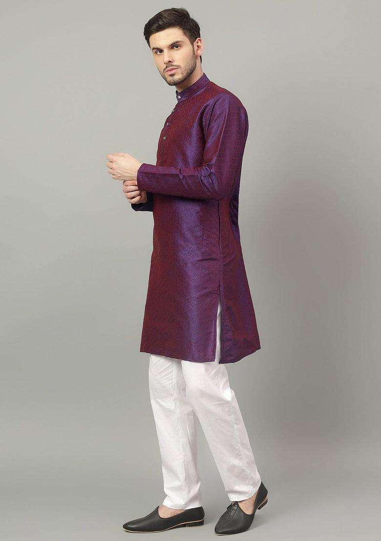 Purple Self Design Cotton Kurta Set For Men - Indya
