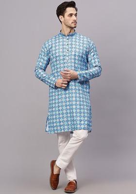 Blue Self Design Cotton Kurta Set For Men