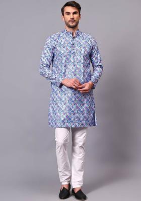 Blue Self Design Cotton Kurta Set For Men