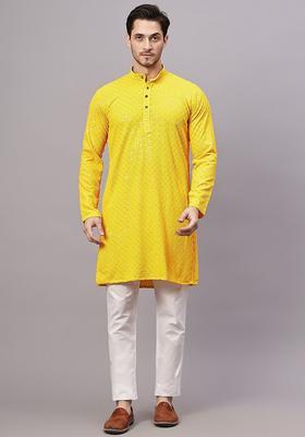 Yellow Embroidered Viscose Kurta Set For Men