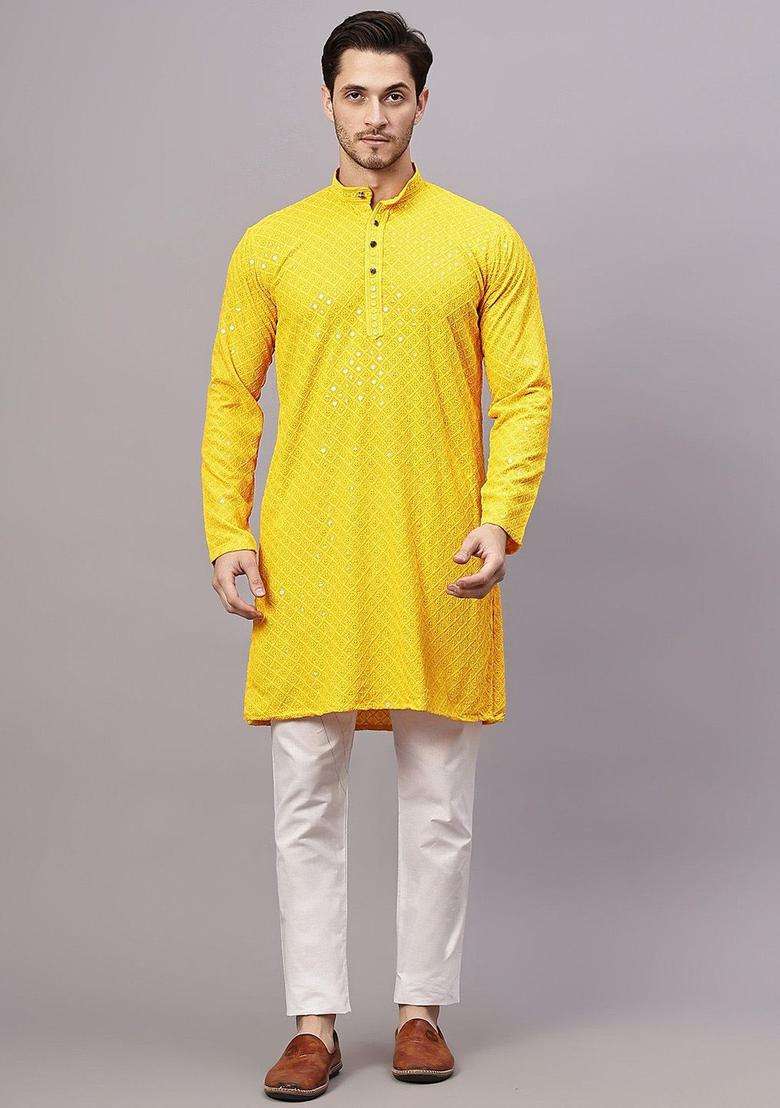 Yellow Embroidered Viscose Kurta Set For Men - Indya