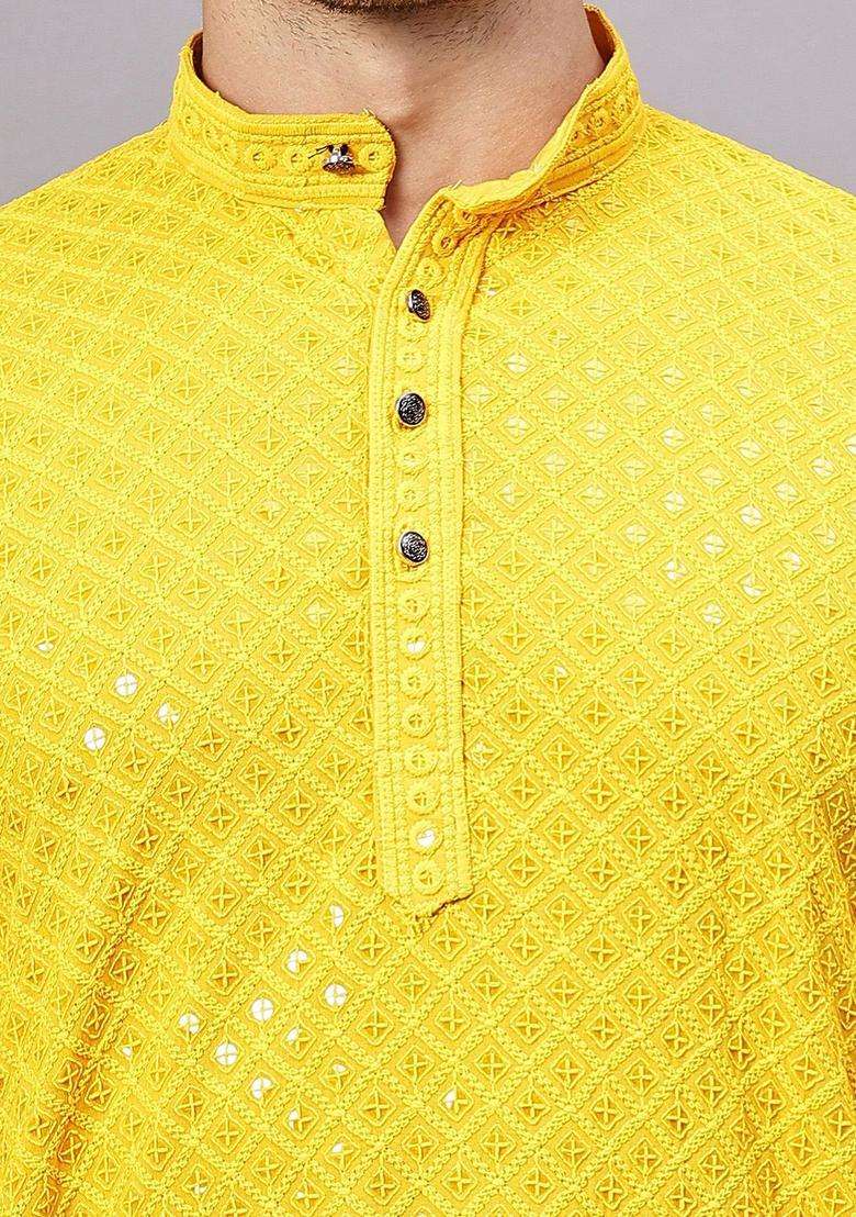 Yellow Embroidered Viscose Kurta Set For Men - Indya