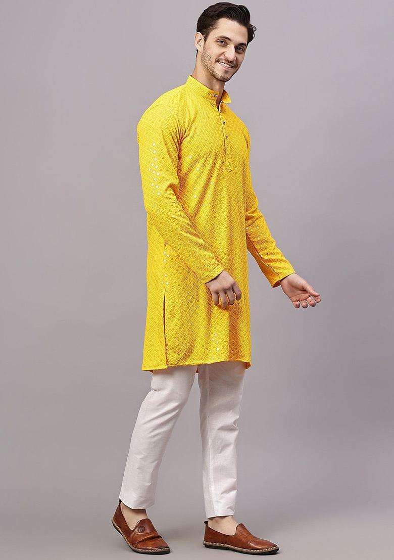 Yellow Embroidered Viscose Kurta Set For Men - Indya