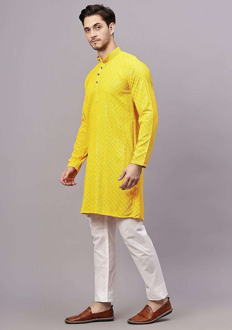 Yellow Embroidered Viscose Kurta Set For Men - Indya