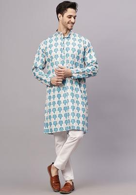 Fluorescent Green Self Design Cotton Kurta Set For Men