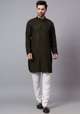 Green Embroidered Viscose Kurta Set For Men