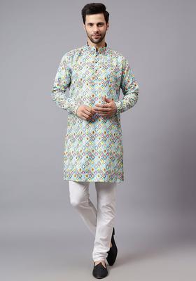 Blue Self Design Cotton Kurta Set For Men