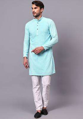 Blue Embroidered Viscose Kurta Set For Men