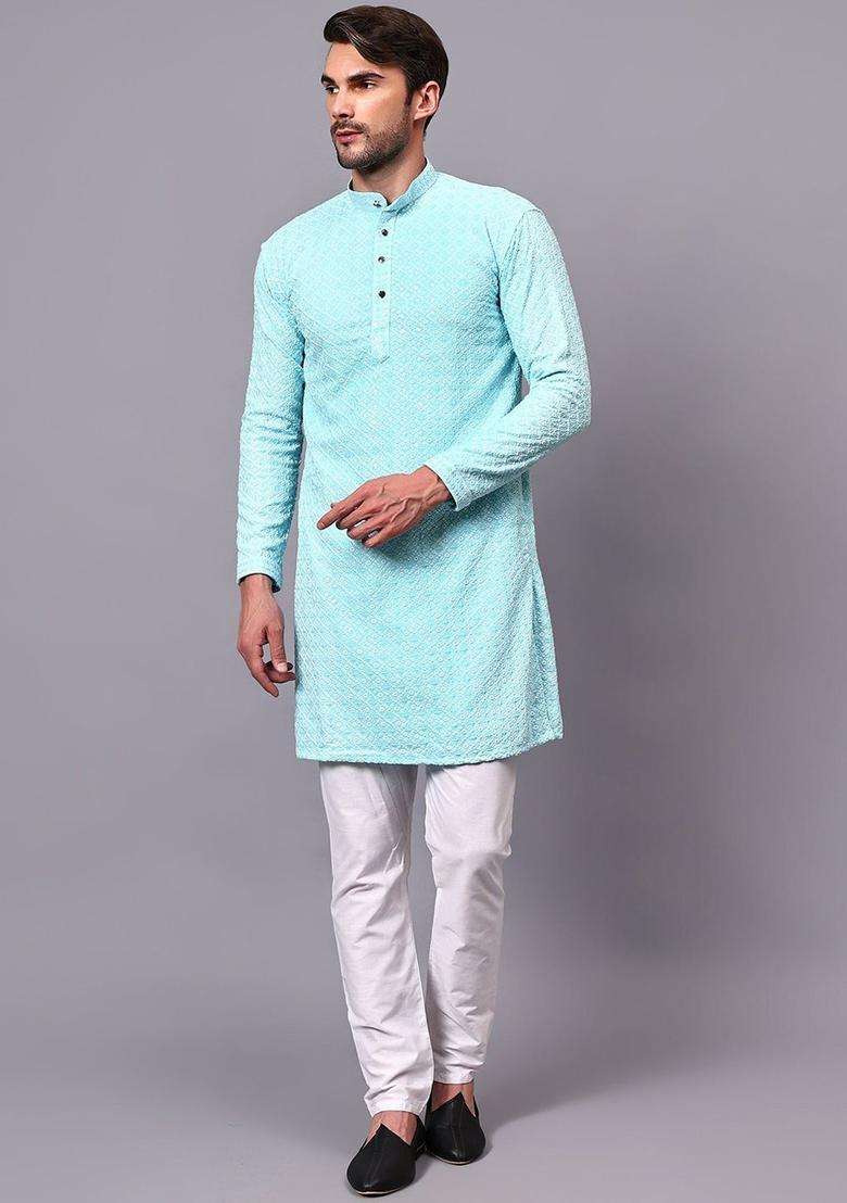 Blue Embroidered Viscose Kurta Set For Men - Indya