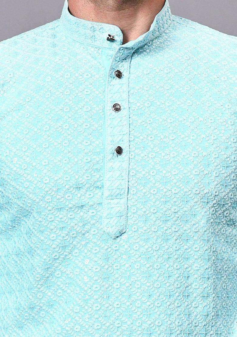 Blue Embroidered Viscose Kurta Set For Men - Indya