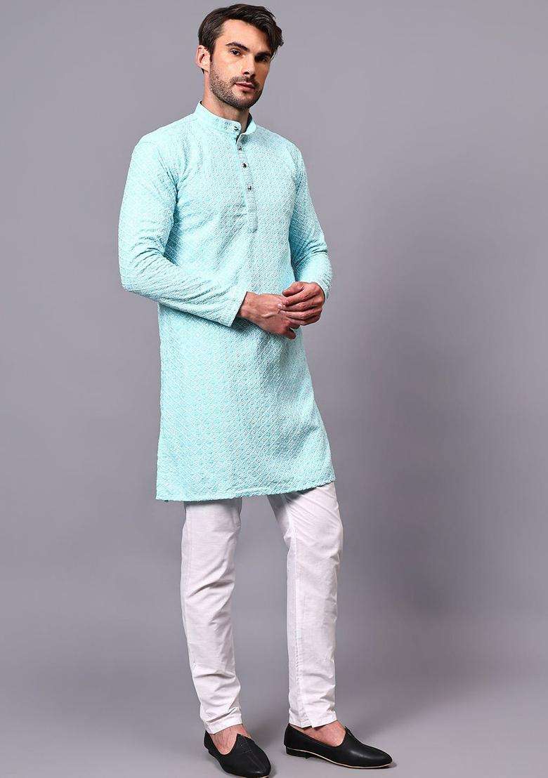 Blue Embroidered Viscose Kurta Set For Men - Indya