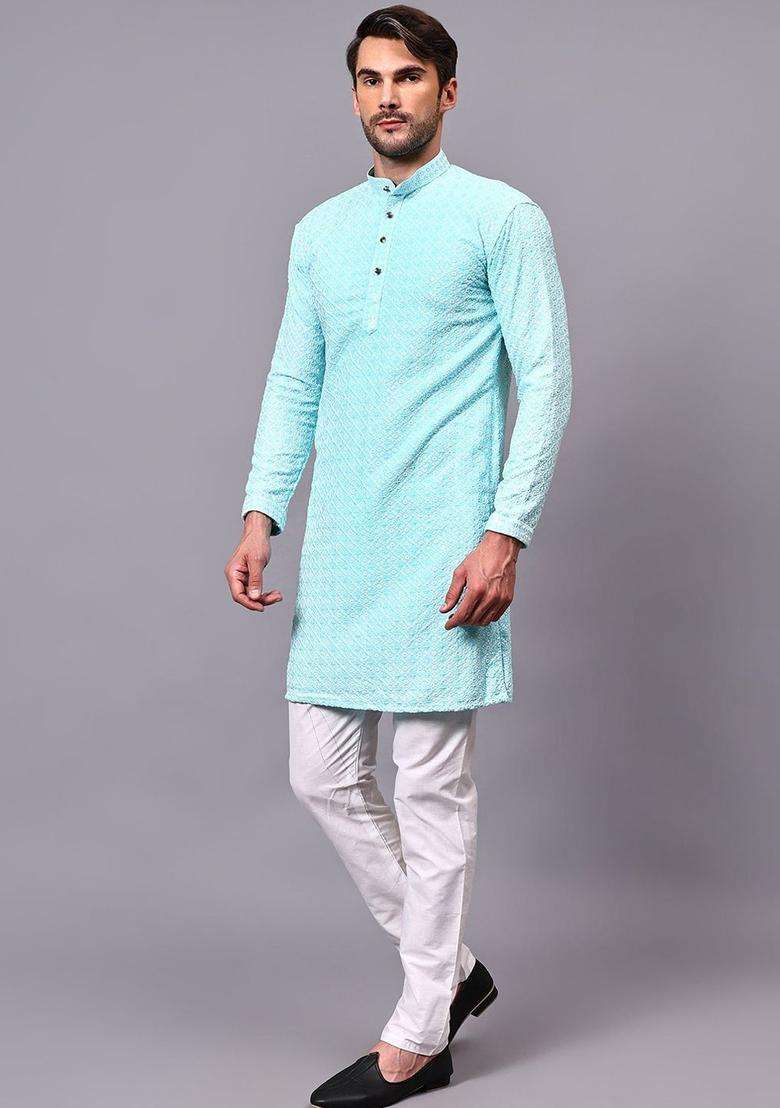 Blue Embroidered Viscose Kurta Set For Men - Indya