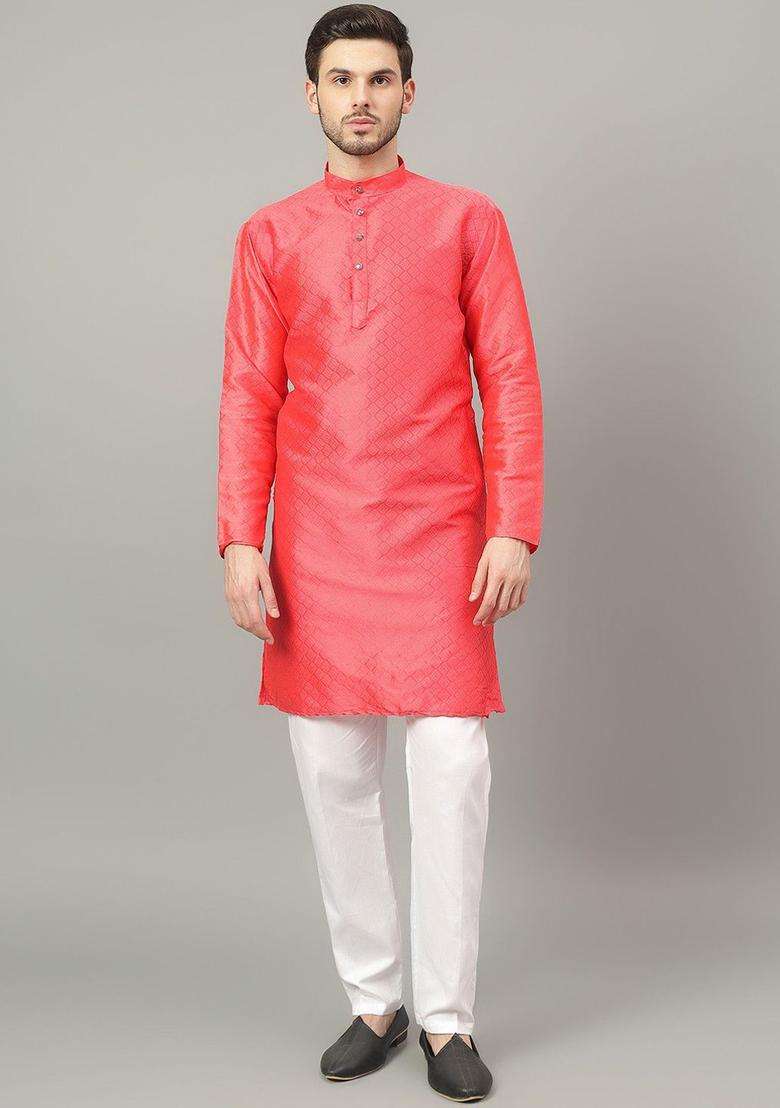 Pink Woven Design Cotton Kurta Set For Men - Indya