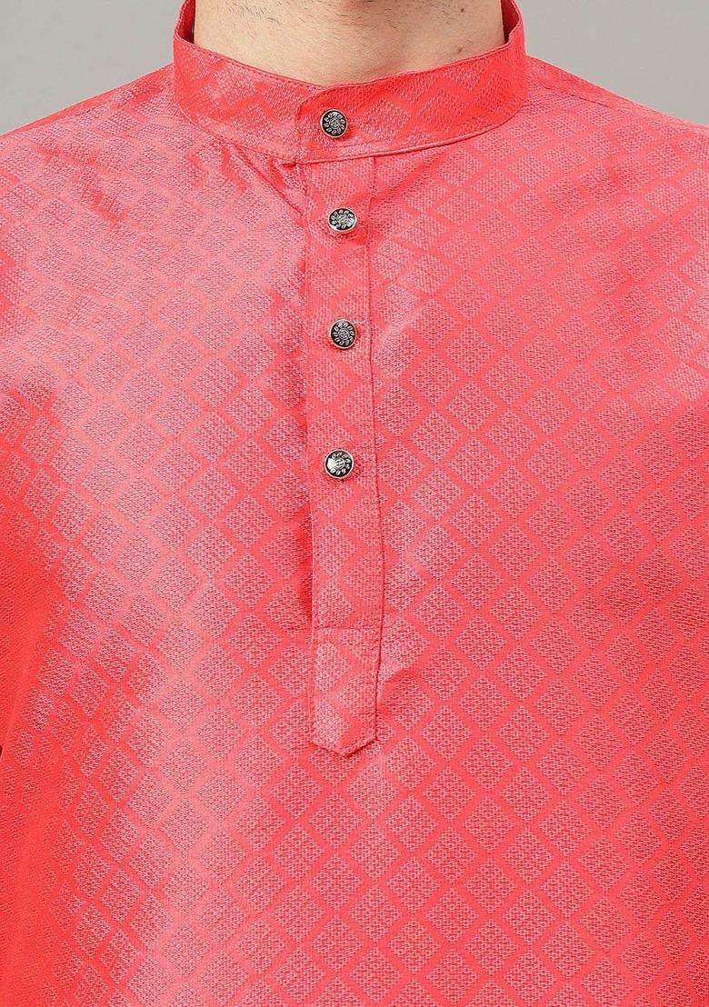 Pink Woven Design Cotton Kurta Set For Men - Indya