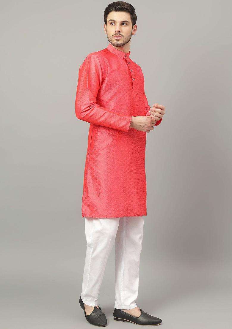 Pink Woven Design Cotton Kurta Set For Men - Indya