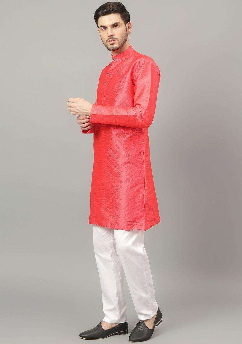 Pink Woven Design Cotton Kurta Set For Men - Indya