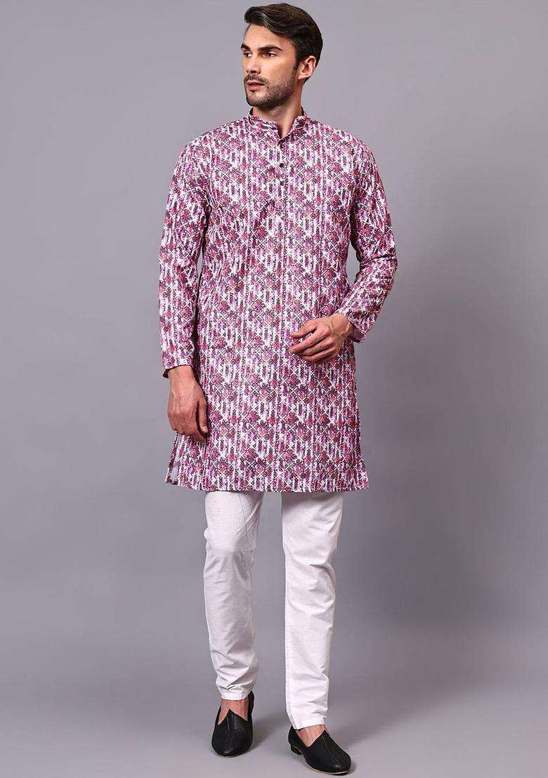 Purple Self Design Cotton Kurta Set For Men - Indya