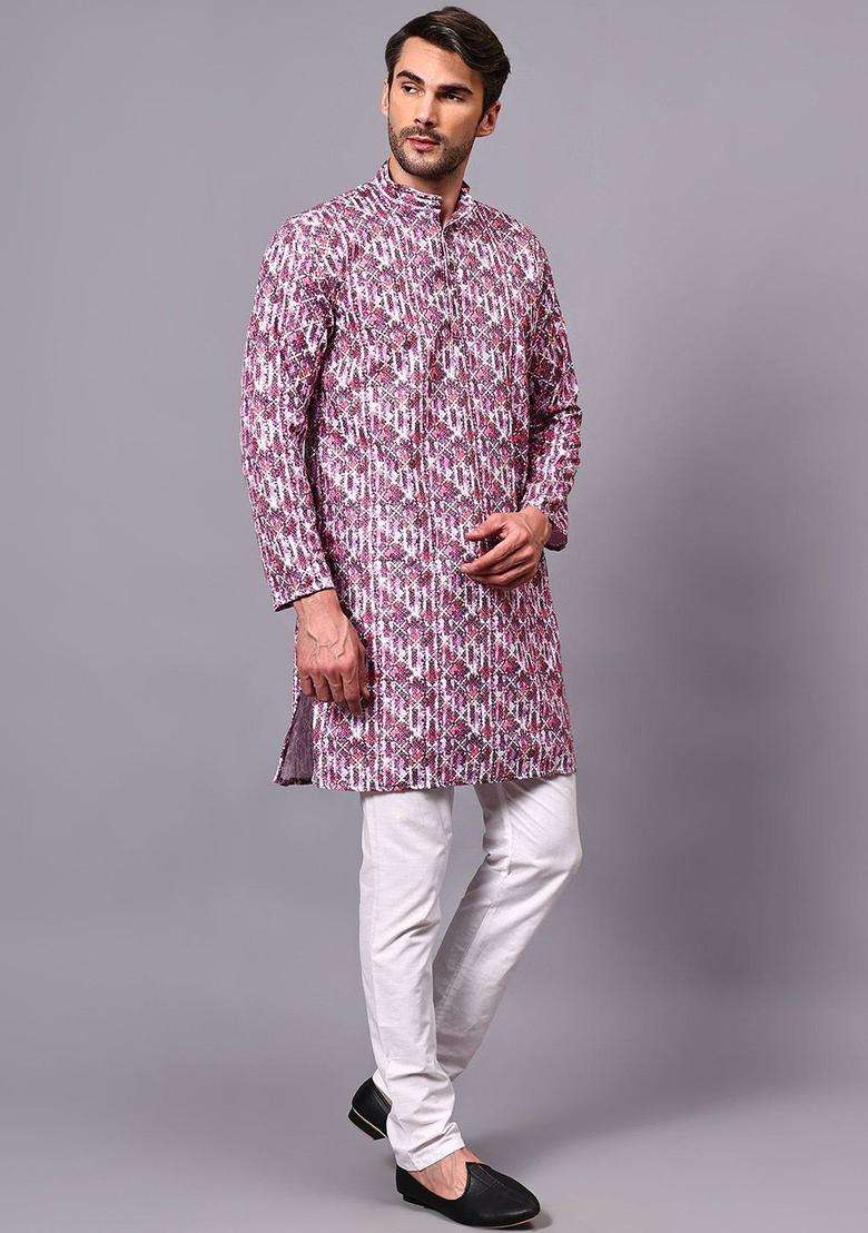 Purple Self Design Cotton Kurta Set For Men - Indya