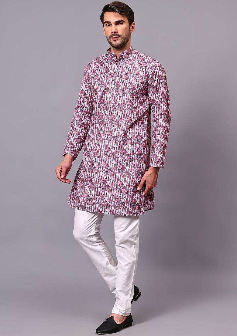 Purple Self Design Cotton Kurta Set For Men - Indya