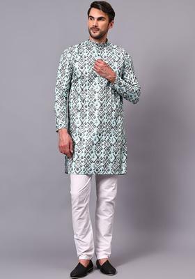Blue Self Design Cotton Kurta Set For Men