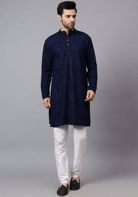 Navy Blue Embroidered Viscose Kurta Set For Men