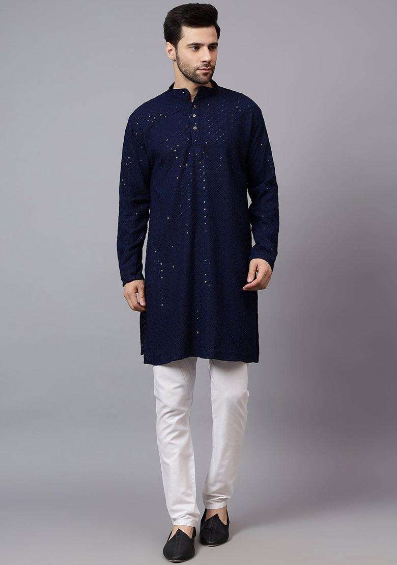 Navy Blue Embroidered Viscose Kurta Set For Men - Indya
