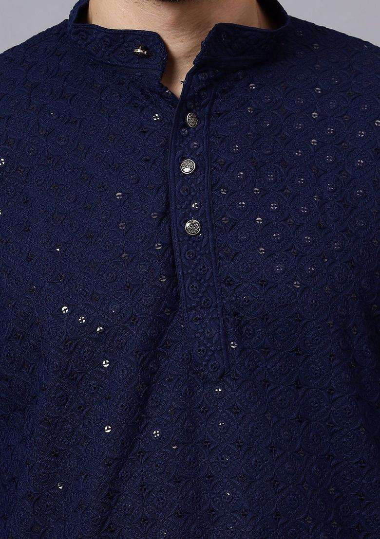 Navy Blue Embroidered Viscose Kurta Set For Men - Indya