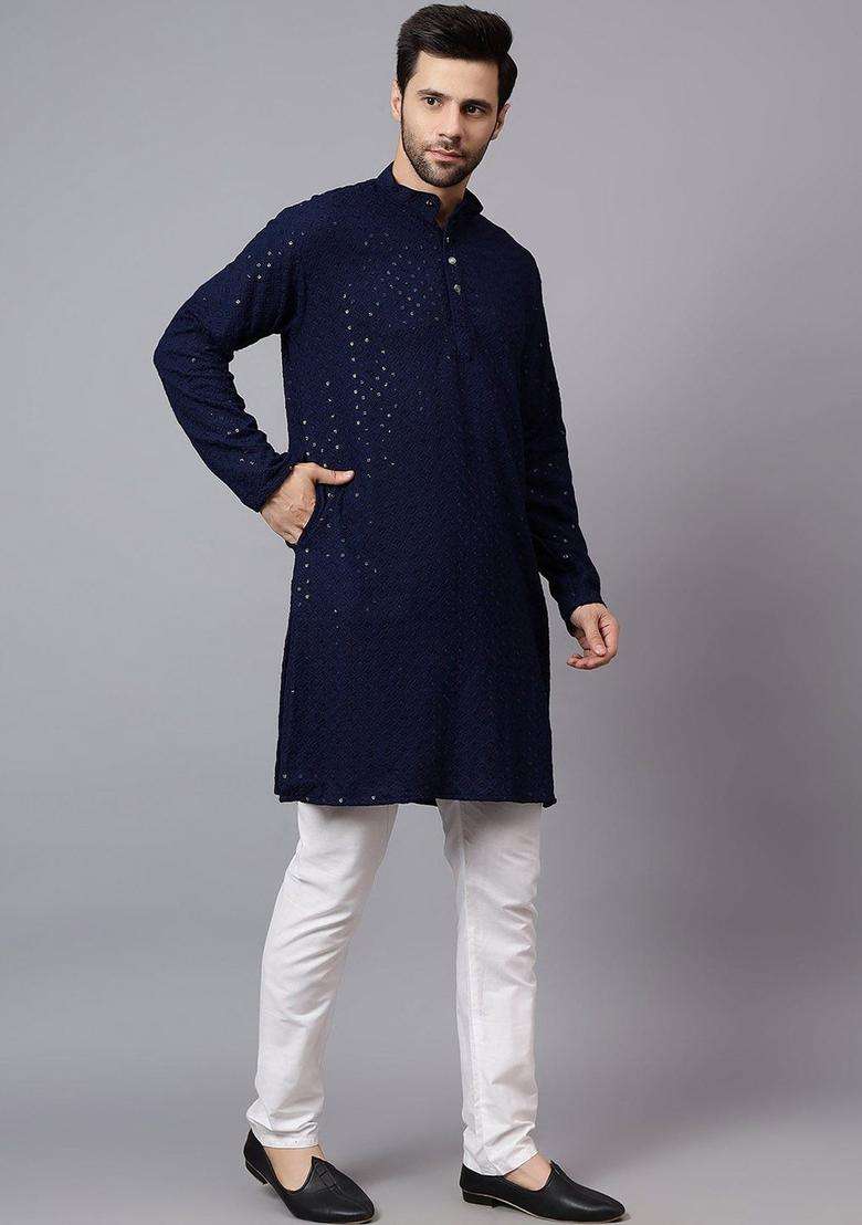 Navy Blue Embroidered Viscose Kurta Set For Men - Indya