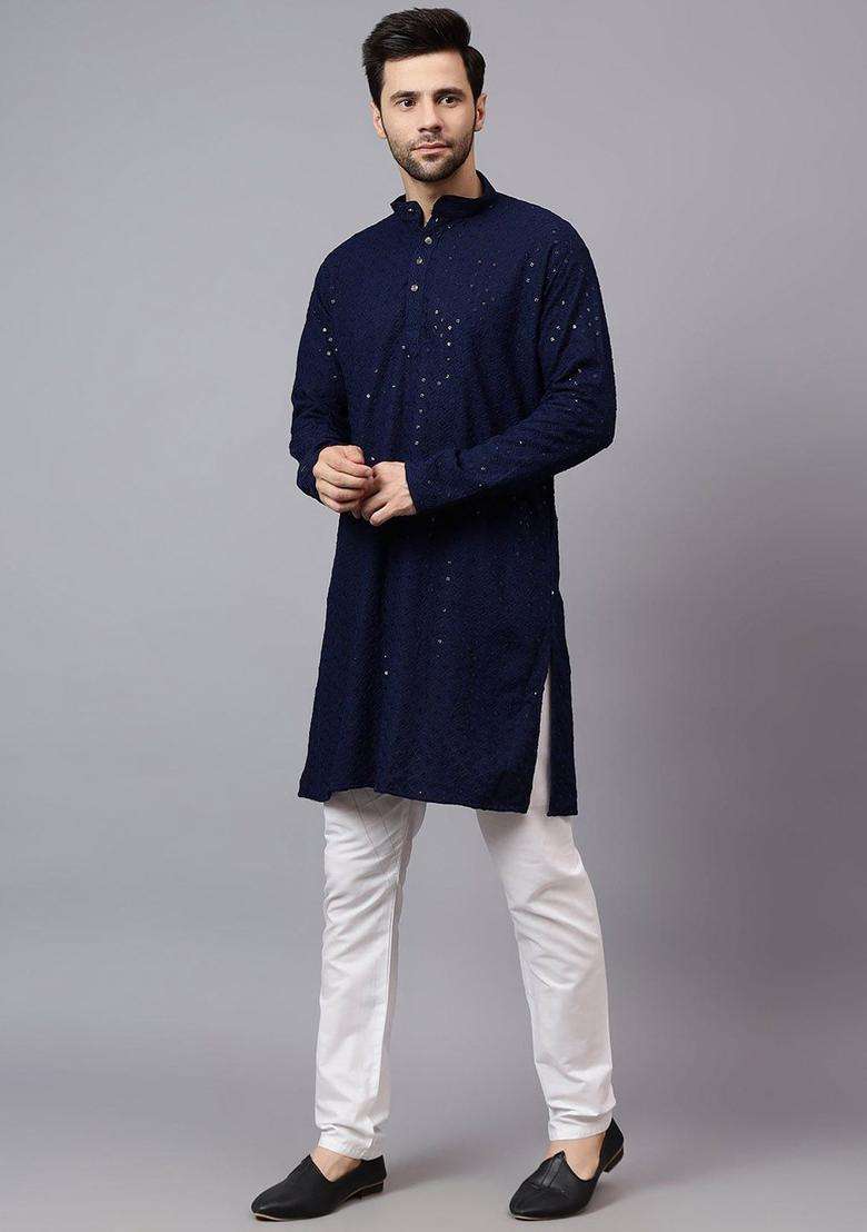Navy Blue Embroidered Viscose Kurta Set For Men - Indya