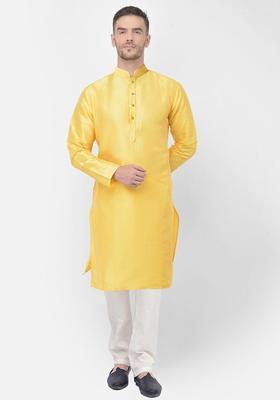 Yellow Solid Silk Kurta Set For Men