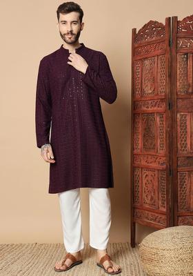 Maroon Embroidered Viscose Kurta Set For Men