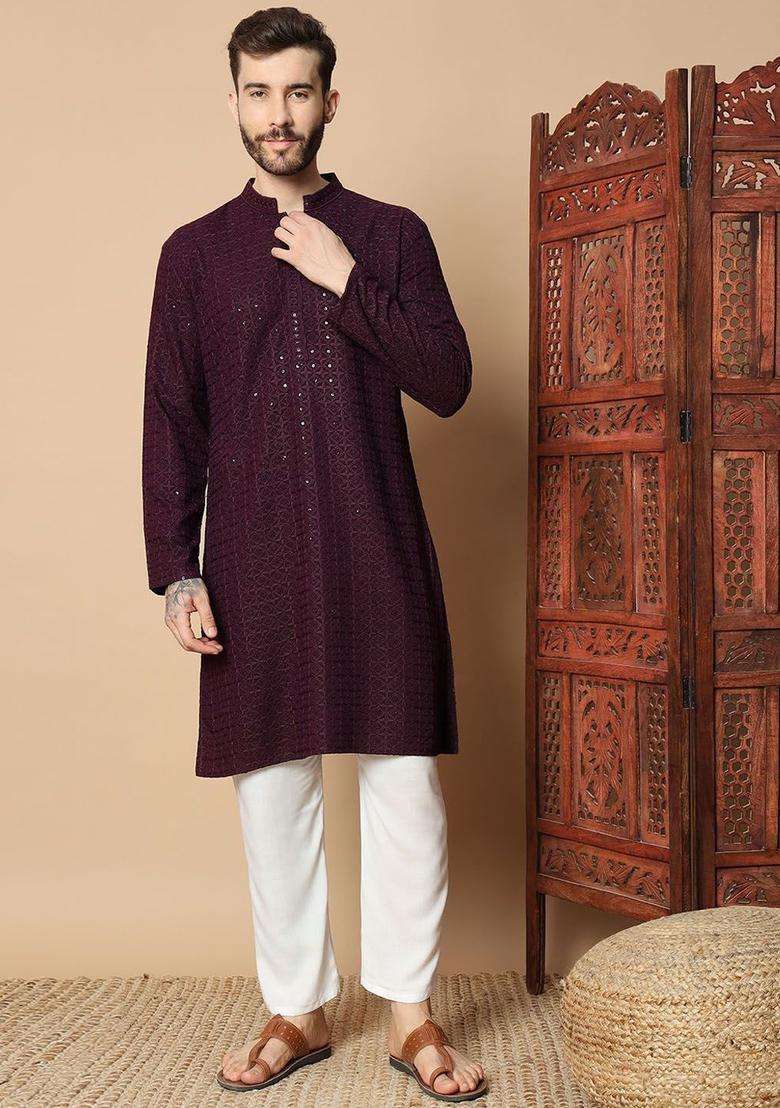 Maroon Embroidered Viscose Kurta Set For Men - Indya