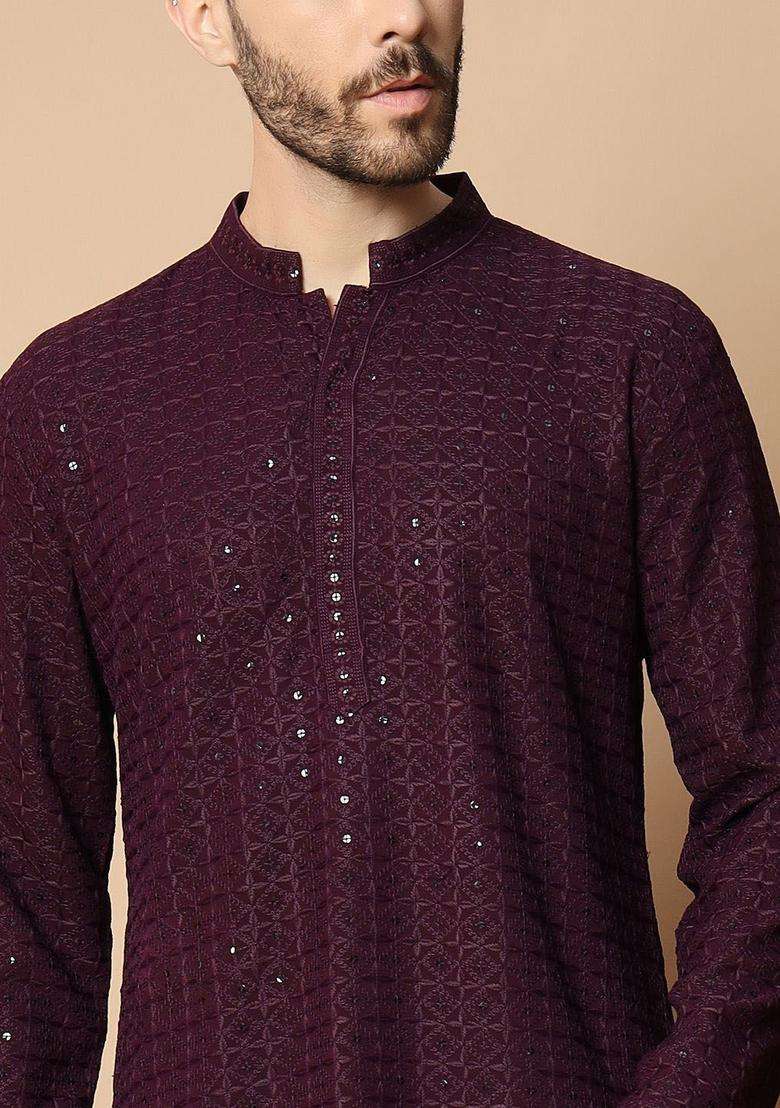 Maroon Embroidered Viscose Kurta Set For Men - Indya