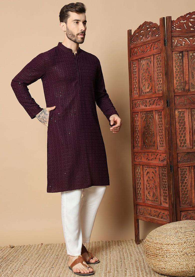 Maroon Embroidered Viscose Kurta Set For Men - Indya