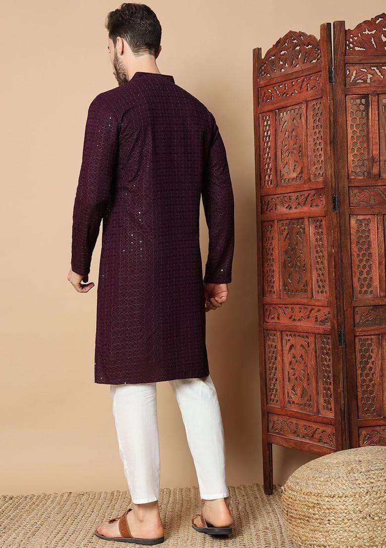 Maroon Embroidered Viscose Kurta Set For Men - Indya