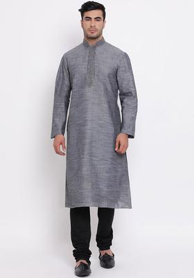Grey Solid Cotton Kurta Set For Men